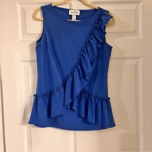 Joseph Ribkoff Aegean Sea Blue Ruffle Trim Sleeveless Top women’s size 8 FLAW